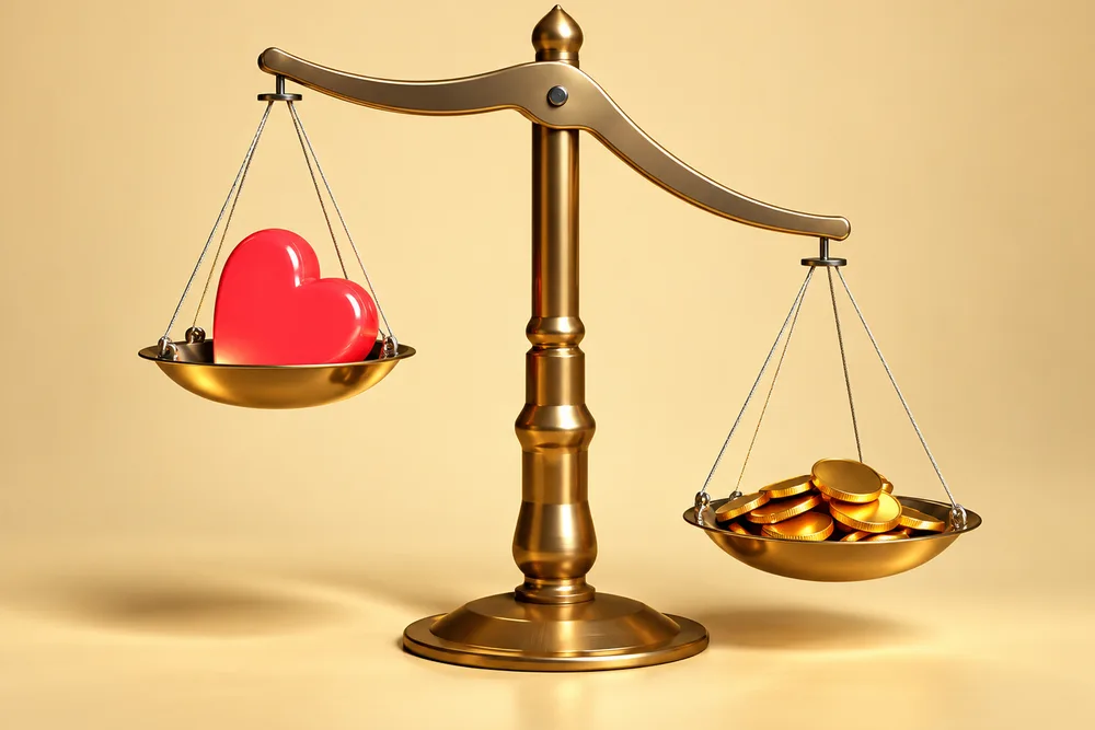 A balance scale weighing a heart against a pile of coins
